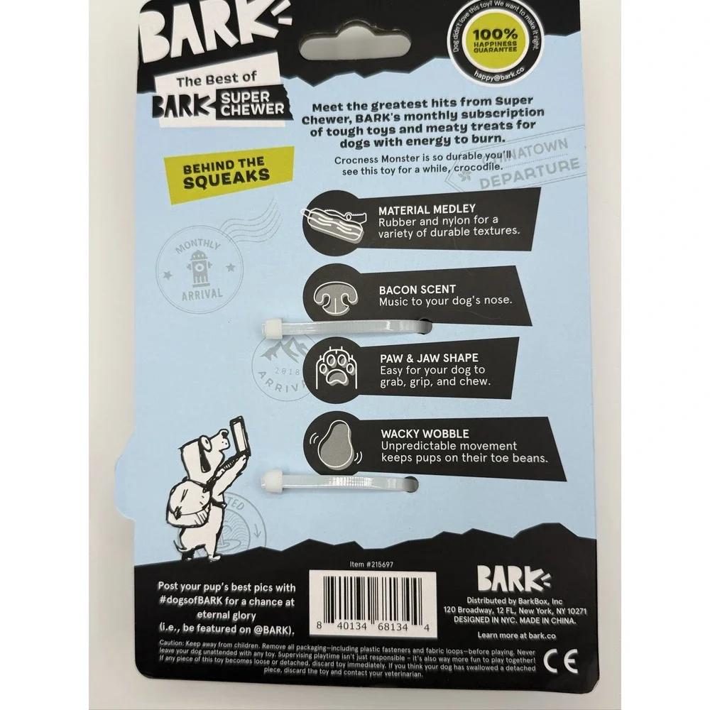BARK Crocness Monster Dog Toy M Squeaky Bacon Scent Super Chewer Green Blue